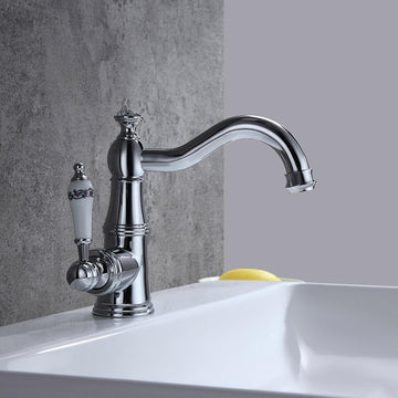 Karon Classic 1-Hole White Single Porcelain Lever Victorian Style Bathroom Sink Faucet in Polished Chrome Solid Brass